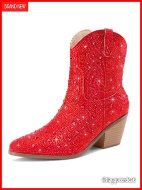 Rhinestone Cowboy Ankle Boots Faux Leather Western Booties Women